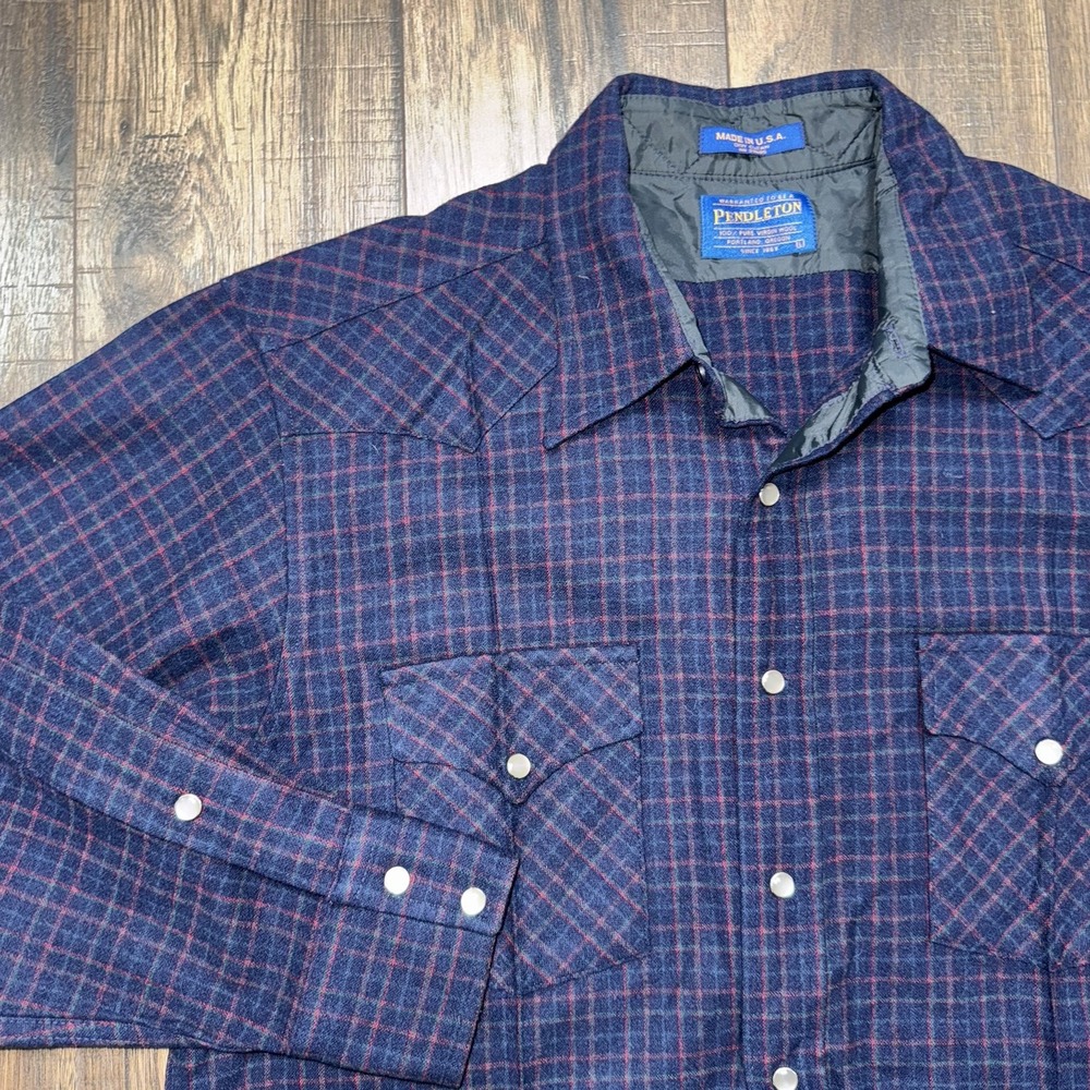 Pendleton Men's Pearl Snap Blue Red Plaid 100% Wool Button Up Field Shirt Large
